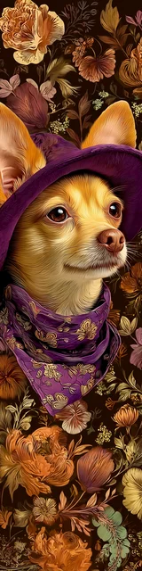 Free printable dog bookmark featuring chihuhua with purple hat